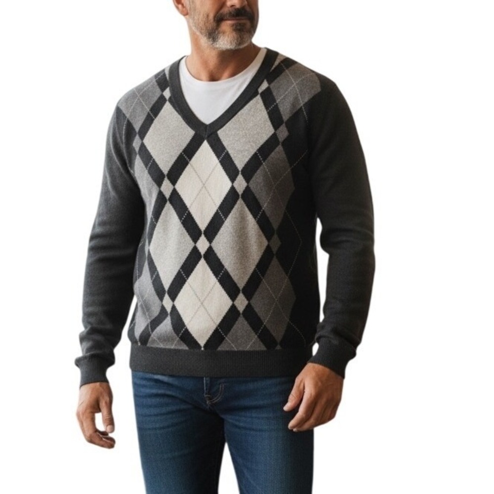 Banana Republic‎ XL Sweater Mens Grey Black Argyle Silk Cotton Cashmere Classic
